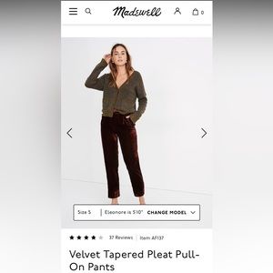 Gray Madewell Velvet Tapered Pleat Pull-On Pants